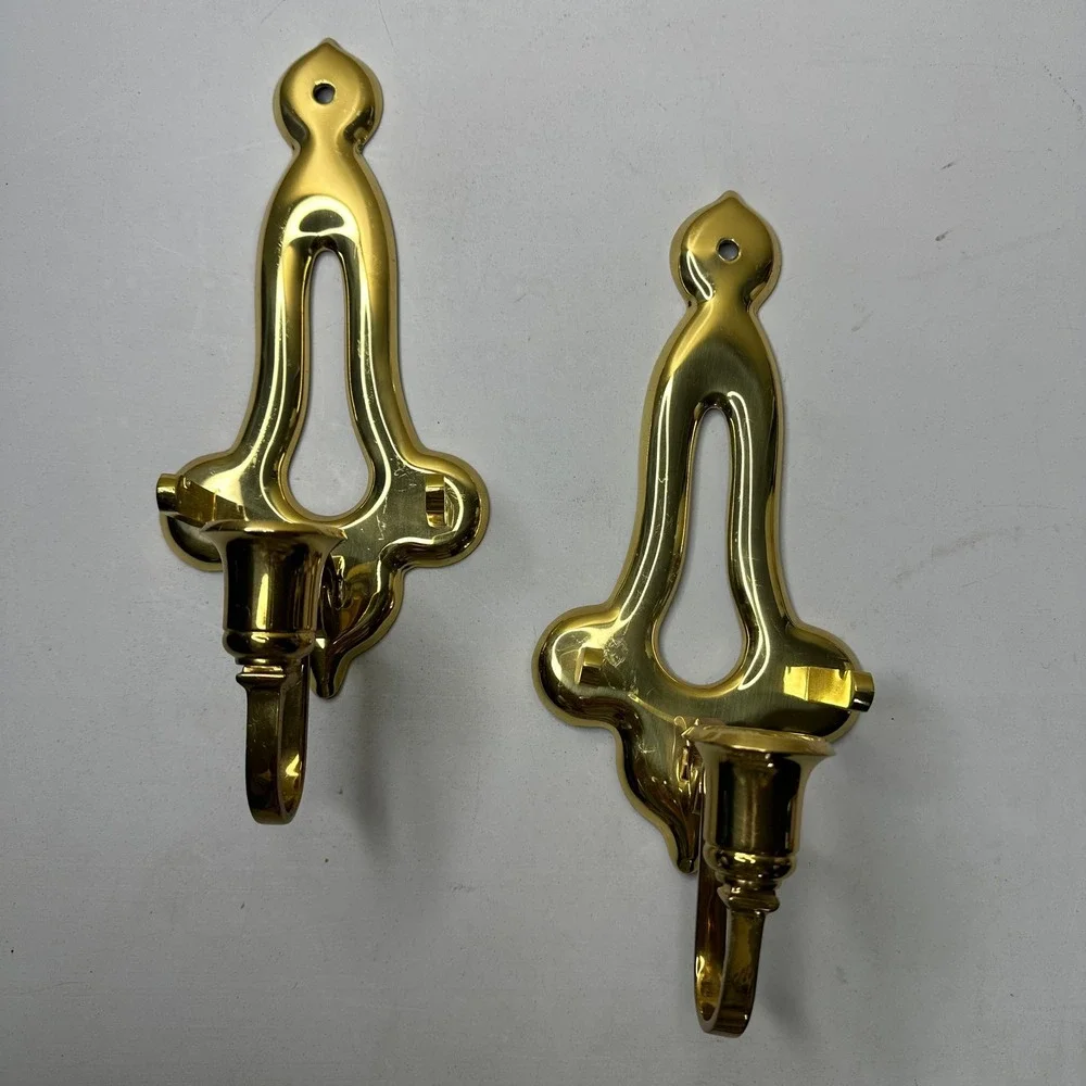 Vintage Partylite Brass Wall Sconces Pair Polished Gold Taper Candle Holders Set - Picture 1 of 4